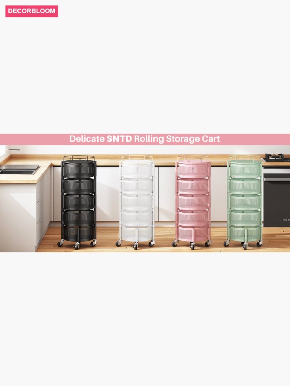 5-Tier Rotating Fruit Basket Storage Cart on Wheels with Lid - Picture 7 of 7